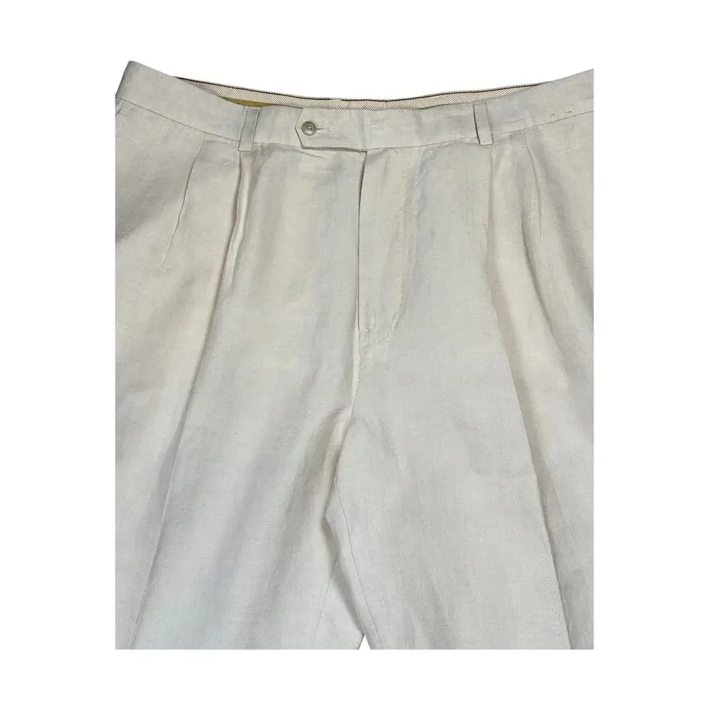 Tommy Bahama Linen Silk Pleated Pants Men's 40x30 Cream Unlined Preppy Summer